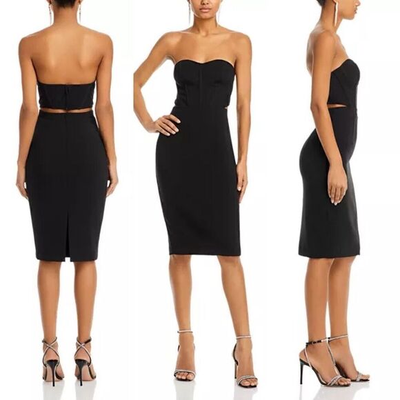 Black Halo Roxy Womens Black Knee Length Strapless Cut Out Sheath Dress Size 4 - Picture 1 of 12
